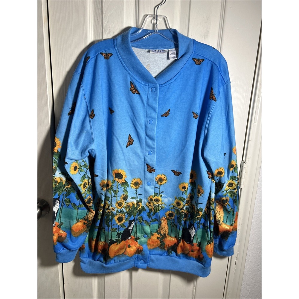 Blair Snap Front Sweatshirt Cardigan Fleece Large Fall Pumpkin Flowers Cats Vtg